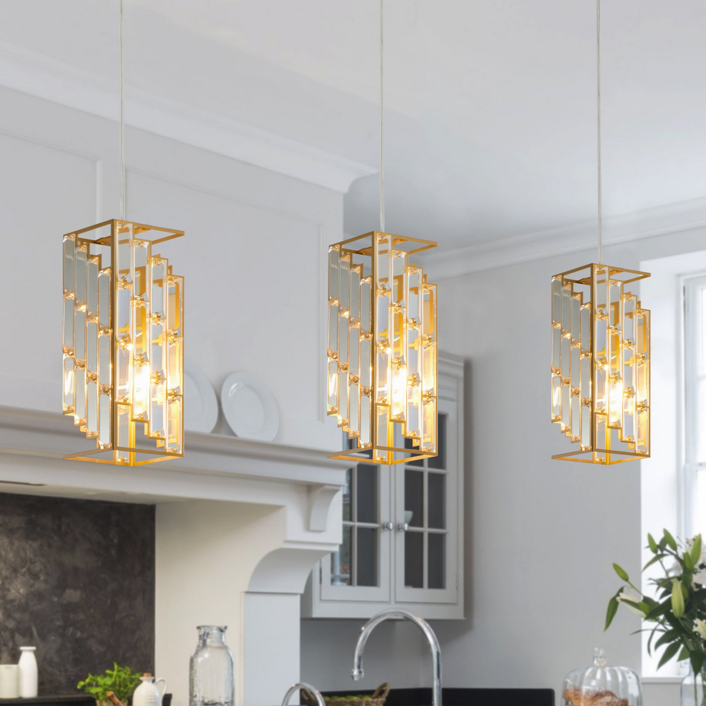 Modern Crystal Pendant Light - 3 Pack, Adjustable Hanging Ceiling Lamp with Crystal Prism Design for Dining Room, Kitchen Island, and Living Room -Golden Finish