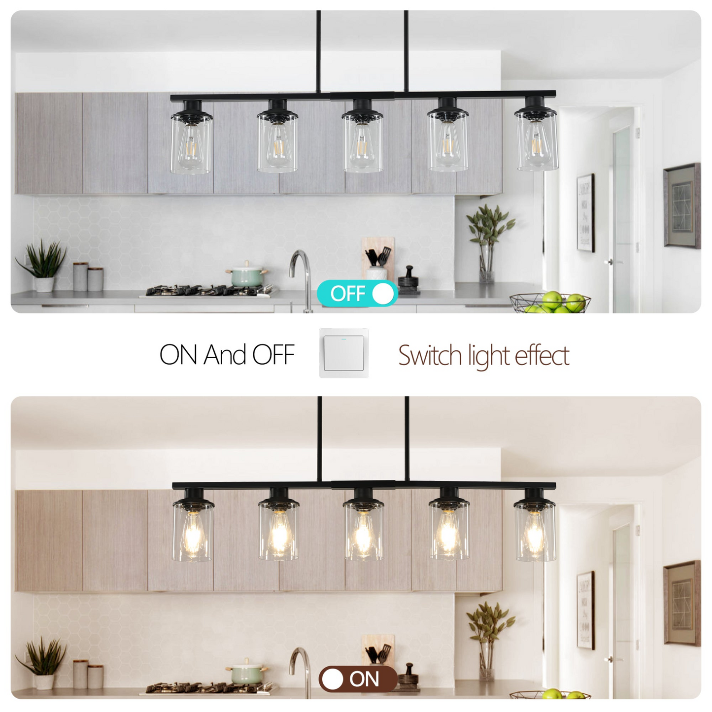 Modern Industrial 5-Light Chandelier with Clear Glass Shades, Matte Black Metal Frame Hanging Ceiling Light Fixture for Dining Room, Kitchen Island, Living Room (No Bulbs)
