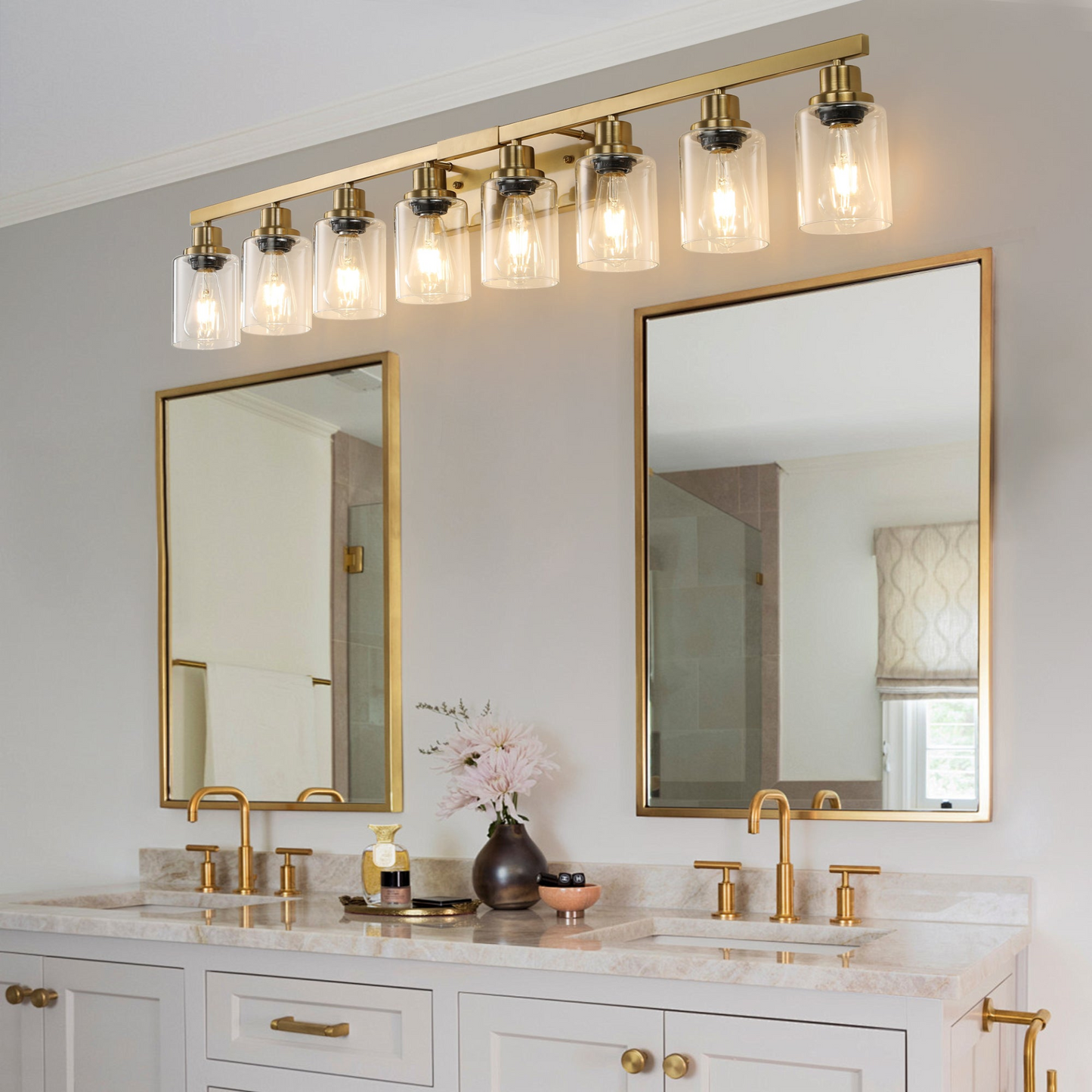Golden 8-Light Vanity Light with Clear Glass Shades, Modern Iron Metal Bathroom Wall Fixture for Mirror, Ideal for Bathroom and Dressing Table (No Bulbs)