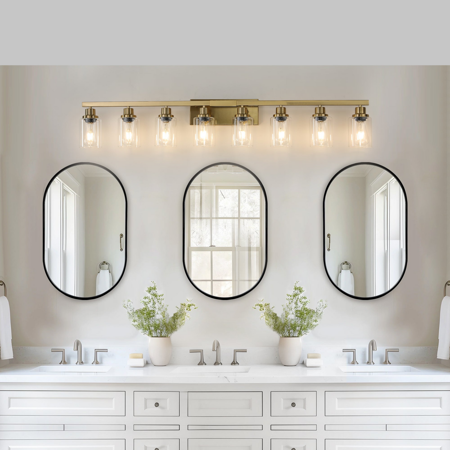 Golden 8-Light Vanity Light with Clear Glass Shades, Modern Iron Metal Bathroom Wall Fixture for Mirror, Ideal for Bathroom and Dressing Table (No Bulbs)