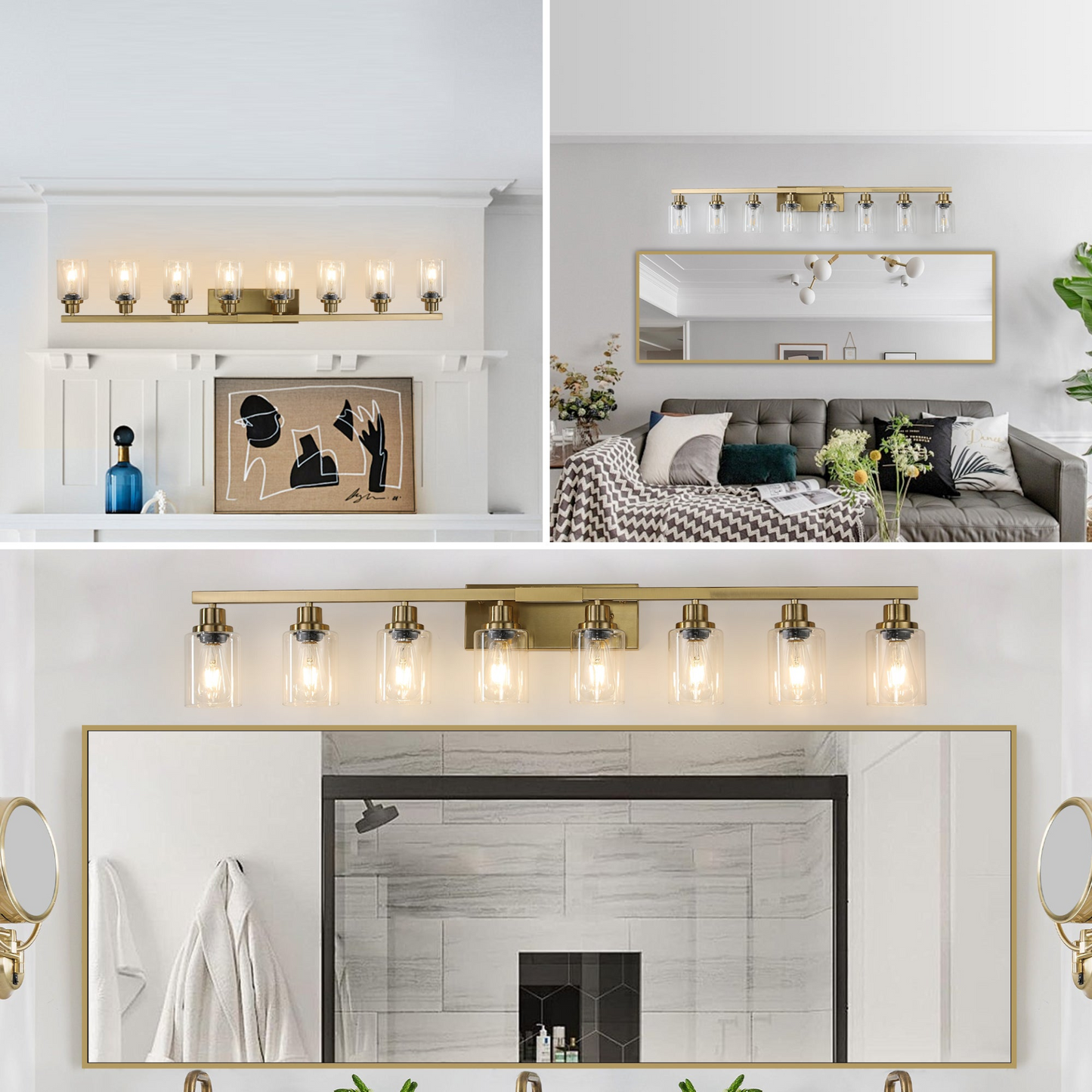 Golden 8-Light Vanity Light with Clear Glass Shades, Modern Iron Metal Bathroom Wall Fixture for Mirror, Ideal for Bathroom and Dressing Table (No Bulbs)