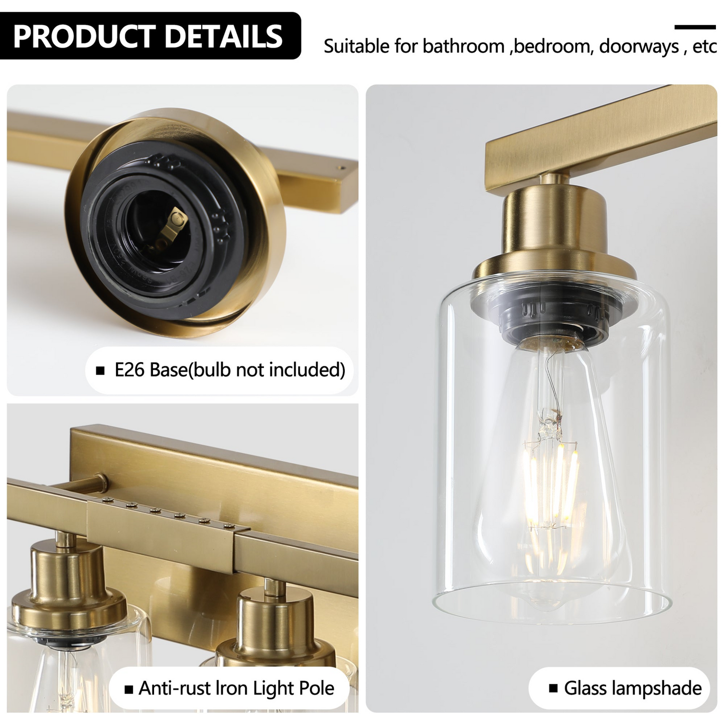 Golden 8-Light Vanity Light with Clear Glass Shades, Modern Iron Metal Bathroom Wall Fixture for Mirror, Ideal for Bathroom and Dressing Table (No Bulbs)
