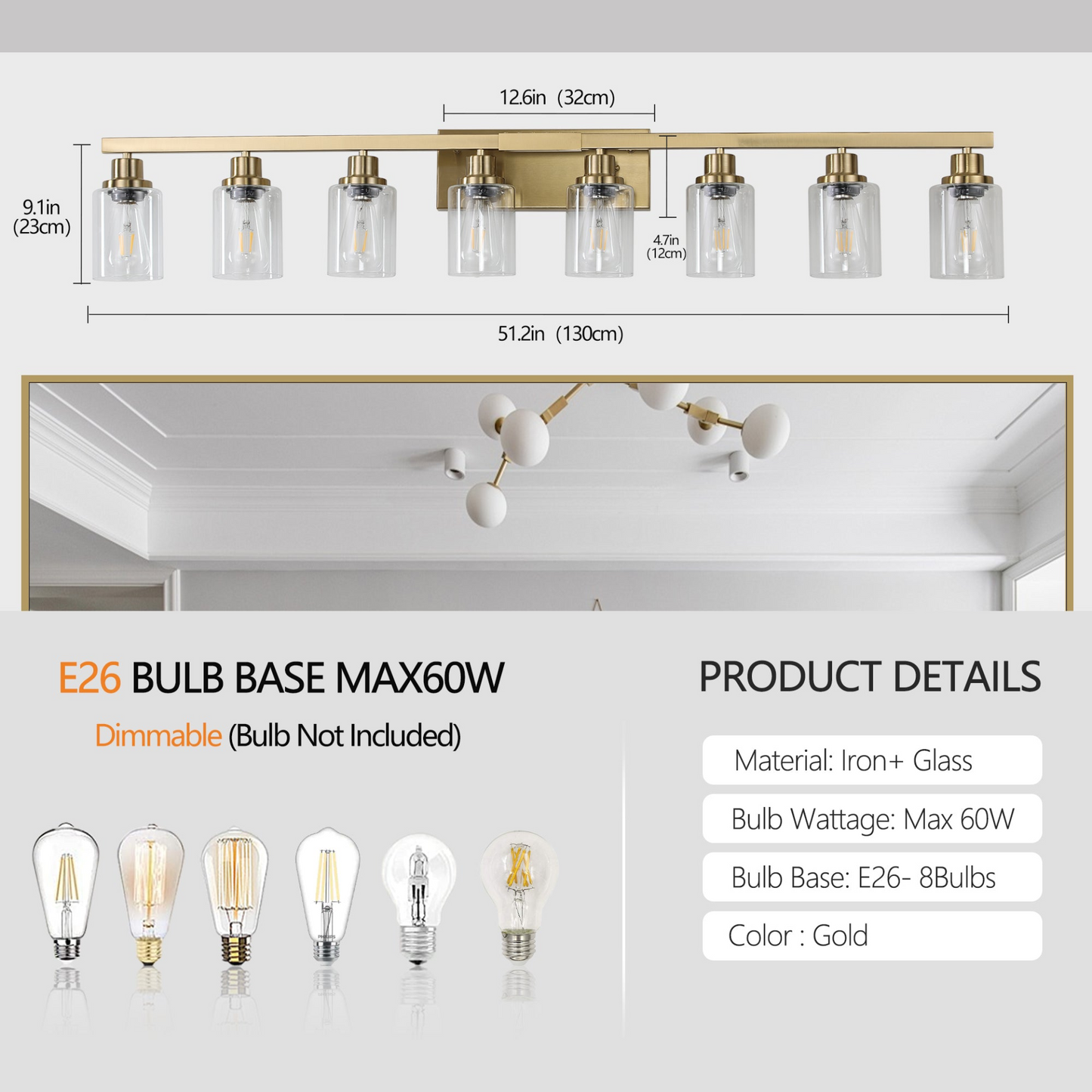 Golden 8-Light Vanity Light with Clear Glass Shades, Modern Iron Metal Bathroom Wall Fixture for Mirror, Ideal for Bathroom and Dressing Table (No Bulbs)