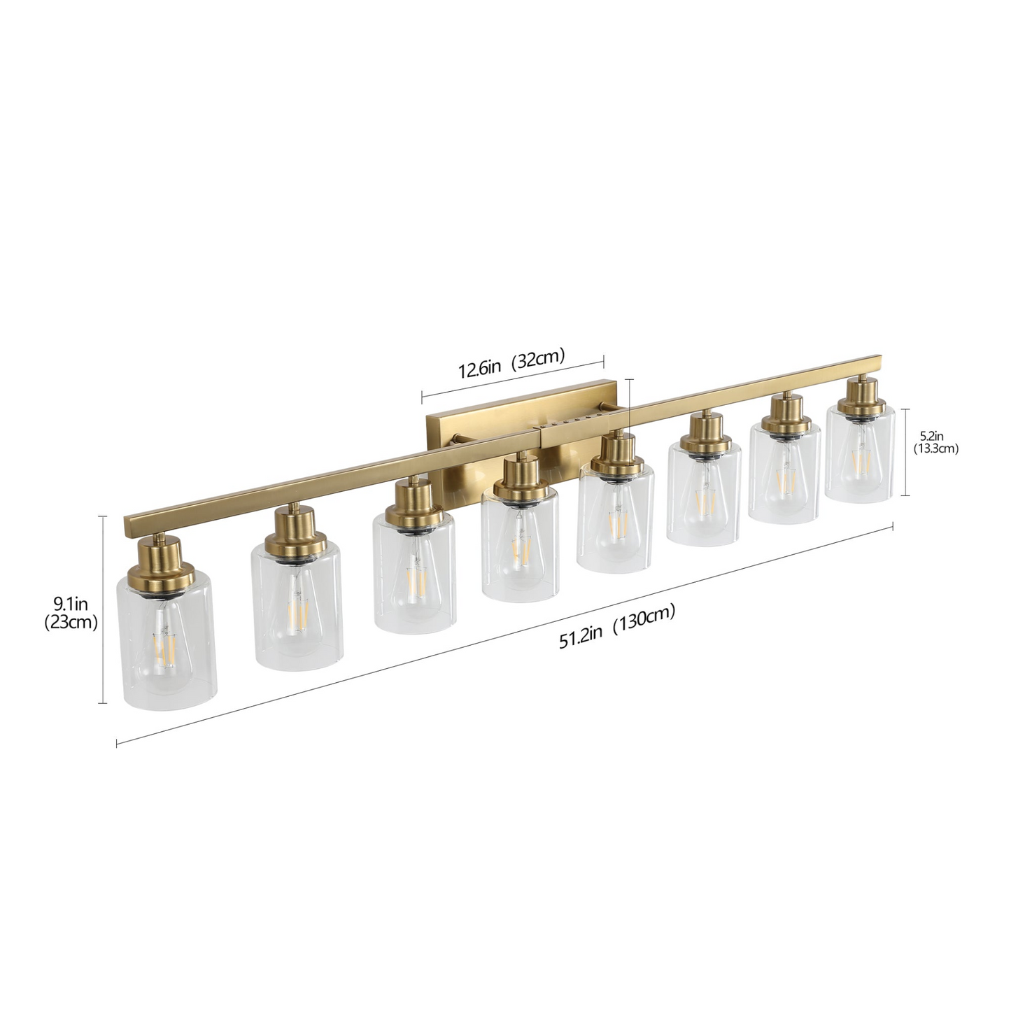 Golden 8-Light Vanity Light with Clear Glass Shades, Modern Iron Metal Bathroom Wall Fixture for Mirror, Ideal for Bathroom and Dressing Table (No Bulbs)