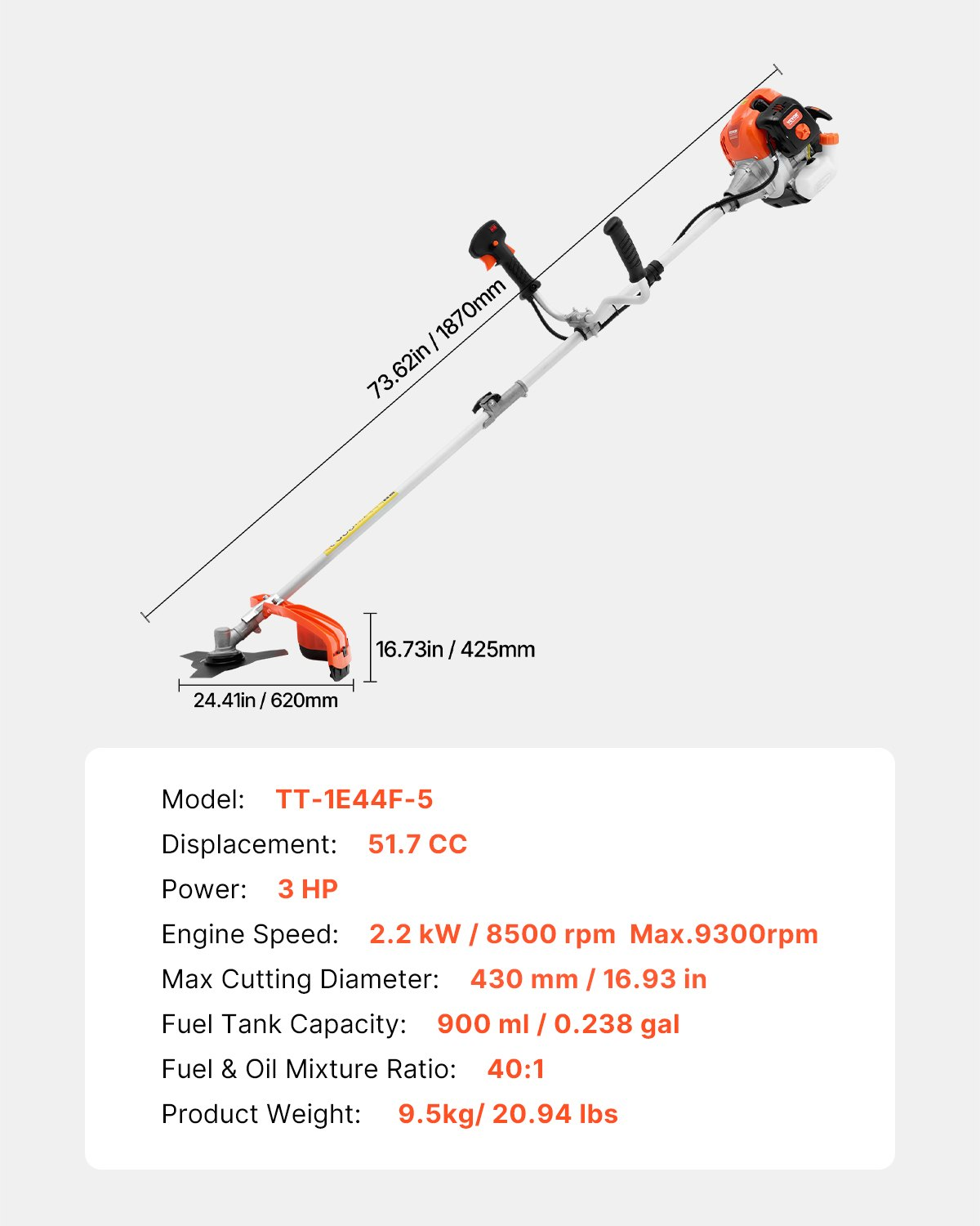 Cordless String Trimmer 16.9" 51.7CC Gas Powered Grass Trimmer