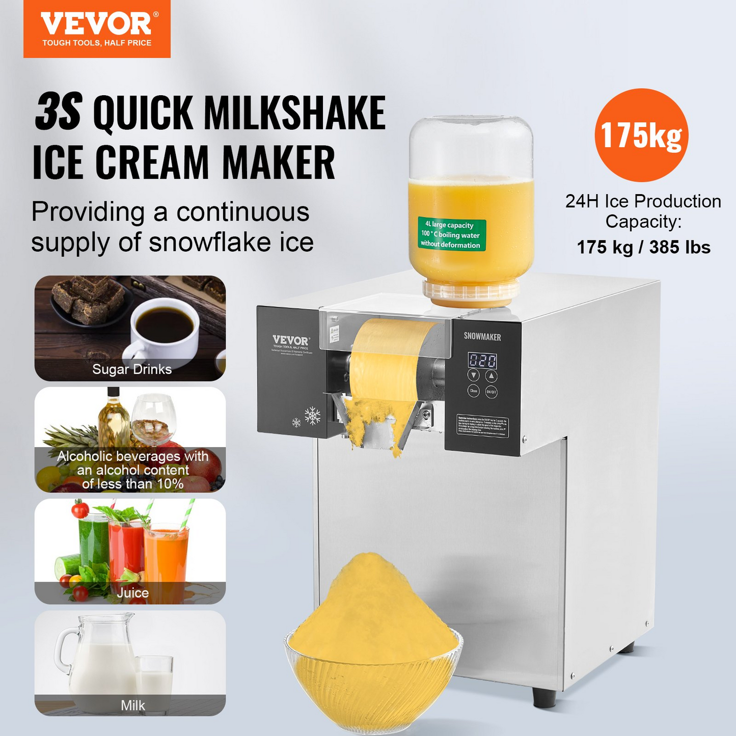 Commercial Snowflake Ice Machine 385LBS/24H Stainless Steel for Ice Cream