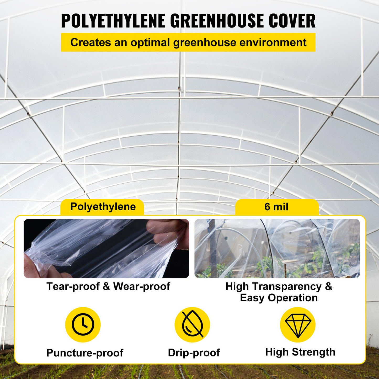 VEVOR Greenhouse Film, 10' x 100' Greenhouse Plastic Sheeting, 6 mil Thickness Suncover Greenhouse, 4 Year Clear Polyethylene Cover, UV Proof Farm Plastic Supply for Gardening, Farming and Agriculture