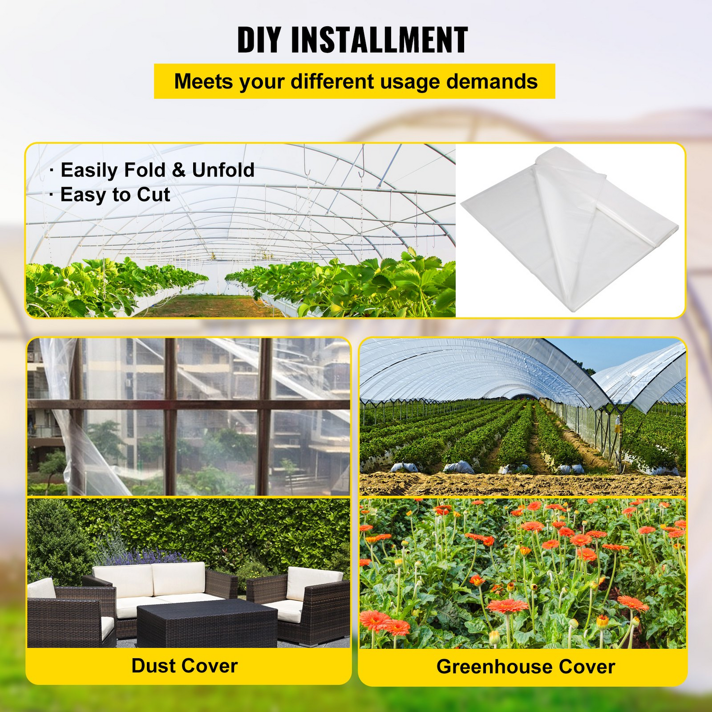 VEVOR Greenhouse Film, 10' x 100' Greenhouse Plastic Sheeting, 6 mil Thickness Suncover Greenhouse, 4 Year Clear Polyethylene Cover, UV Proof Farm Plastic Supply for Gardening, Farming and Agriculture