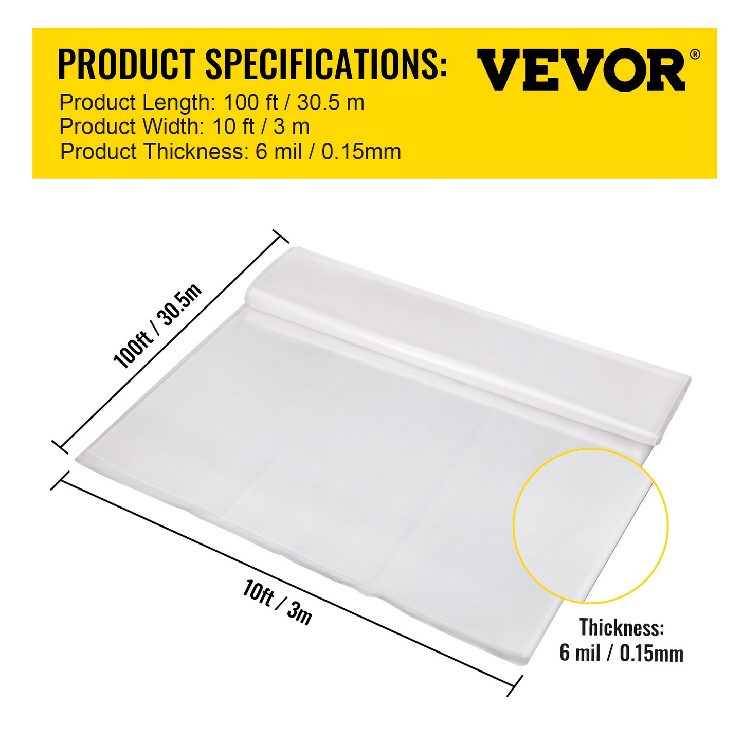 VEVOR Greenhouse Film, 10' x 100' Greenhouse Plastic Sheeting, 6 mil Thickness Suncover Greenhouse, 4 Year Clear Polyethylene Cover, UV Proof Farm Plastic Supply for Gardening, Farming and Agriculture