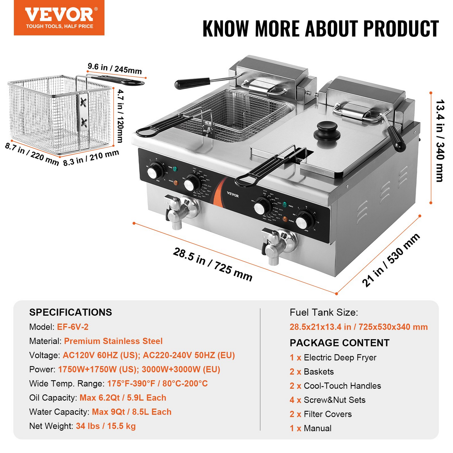 Commercial Electric Deep Fryer Countertop Fryer 3500W Dual Tank 2x9Qt/8.5L