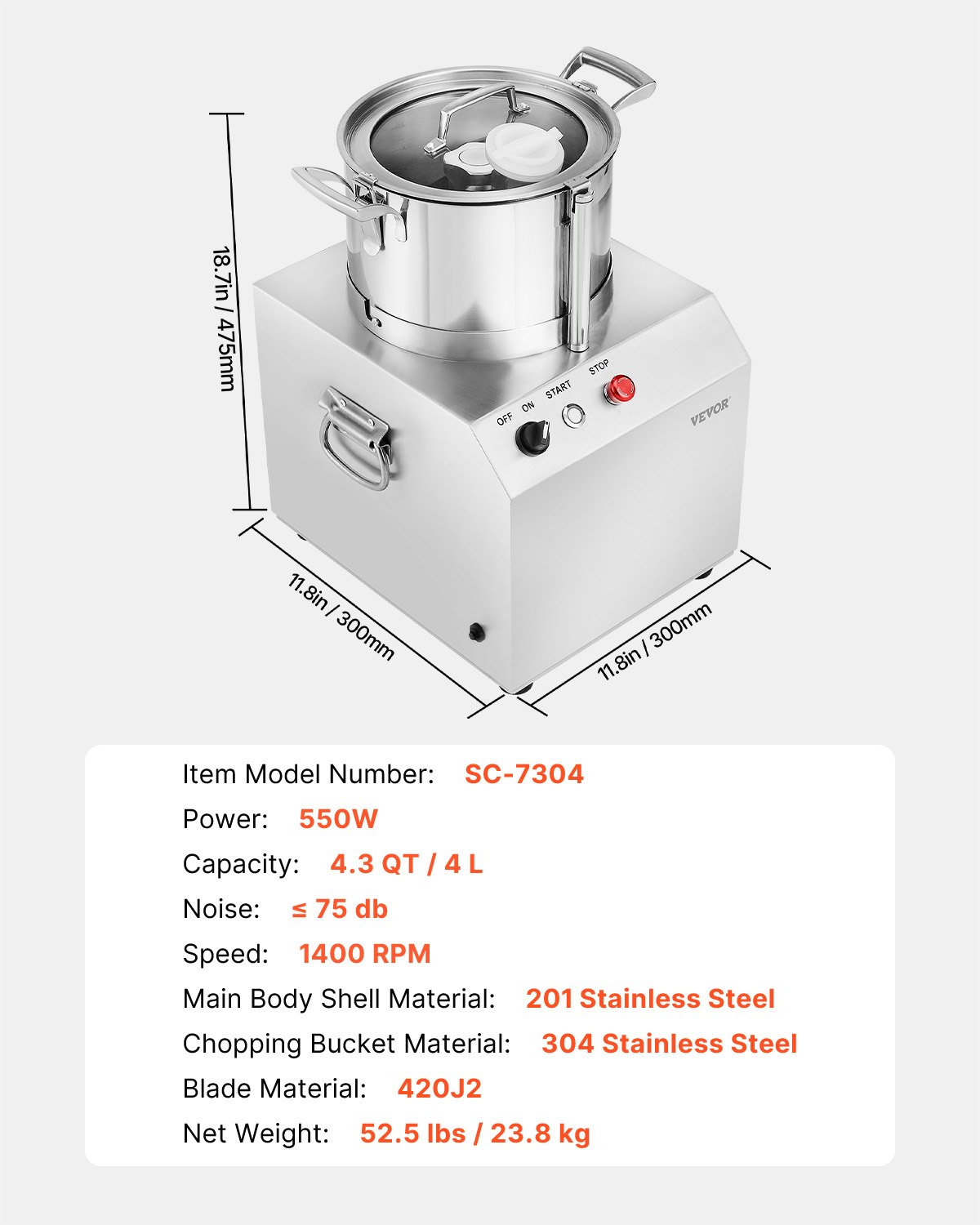 Food Processor Vegetable Chopper 4.3 Quart Food-Grade Stainless Steel Blender