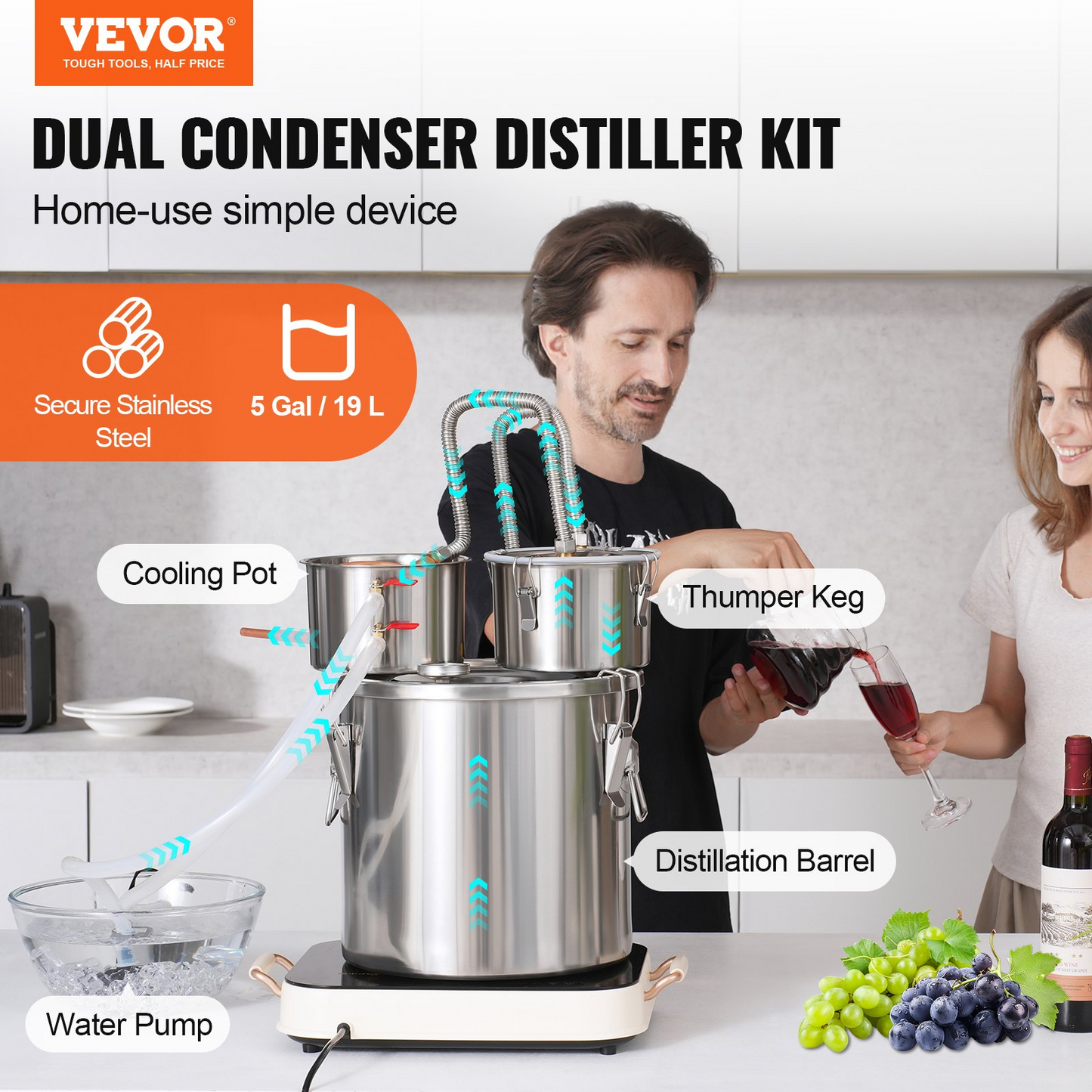 Moonshine Still Water Alcohol Distiller 5Gal w/Thumper Keg & 8W Water Pump