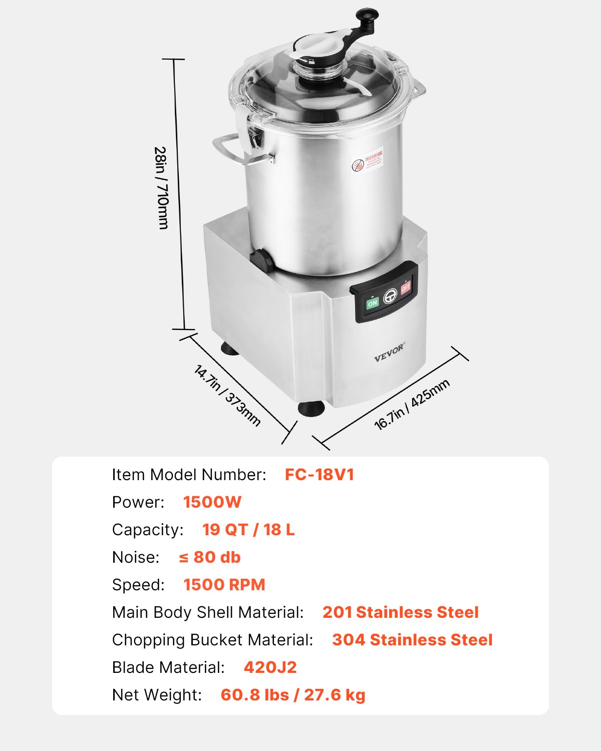 Food Processor Vegetable Chopper 19 Quart Food-Grade Stainless Steel Blender