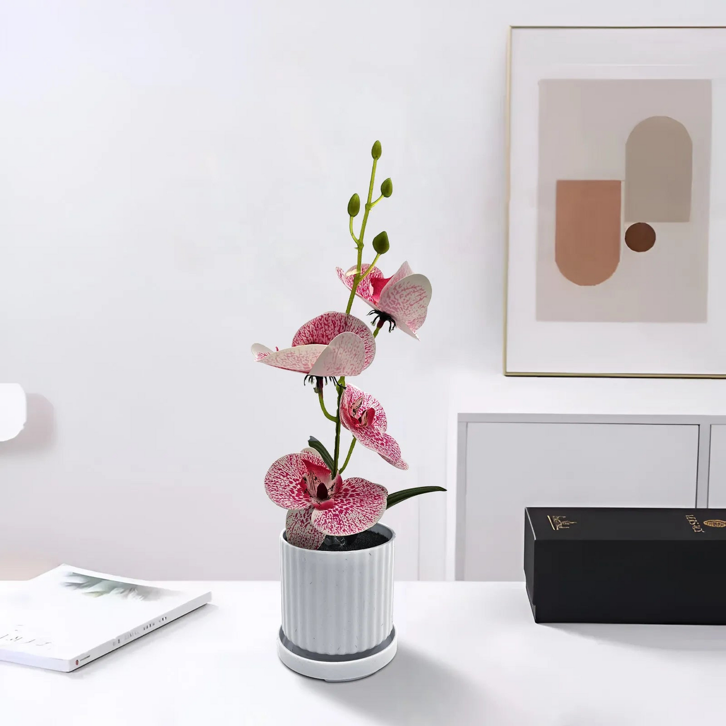 Artificial Orchid with Leaf Potted Plant for Interior Table Decoration~5657