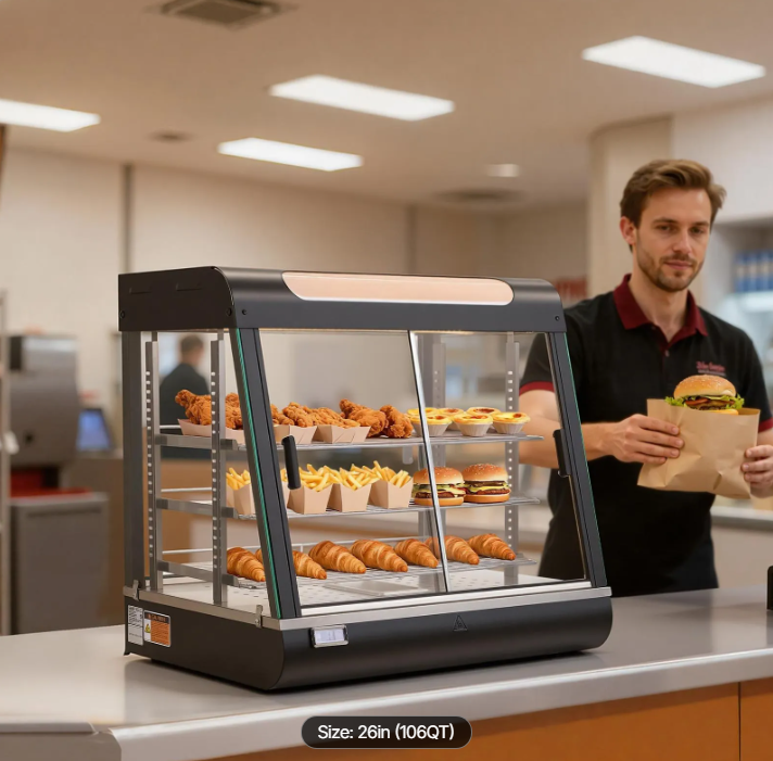 3-Tier Commercial Food Warmer Display, 1200W Food Display Warmer with LED Light, Top Storage and Adjustable Shelves, 86℉~185℉ Steam Heating, 106Qt/100L for Hamburger, Pizza, Bread, Fried Chicken
