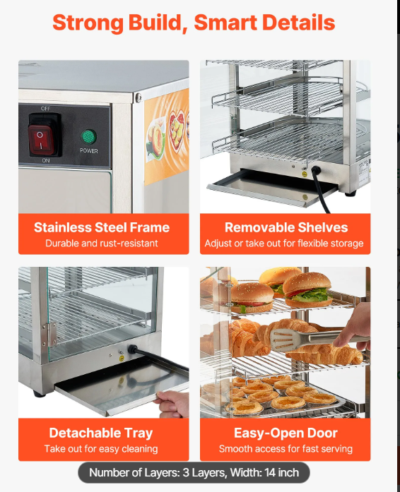 3-Tier Commercial Food Warmer Display, 800W Food Display Warmer with LED Light, Adjustable Shelf and Stainless Steel Frame, 86℉~185℉ Air Heating, 60L for Hamburger, Pizza, Bread, Fried Chicken