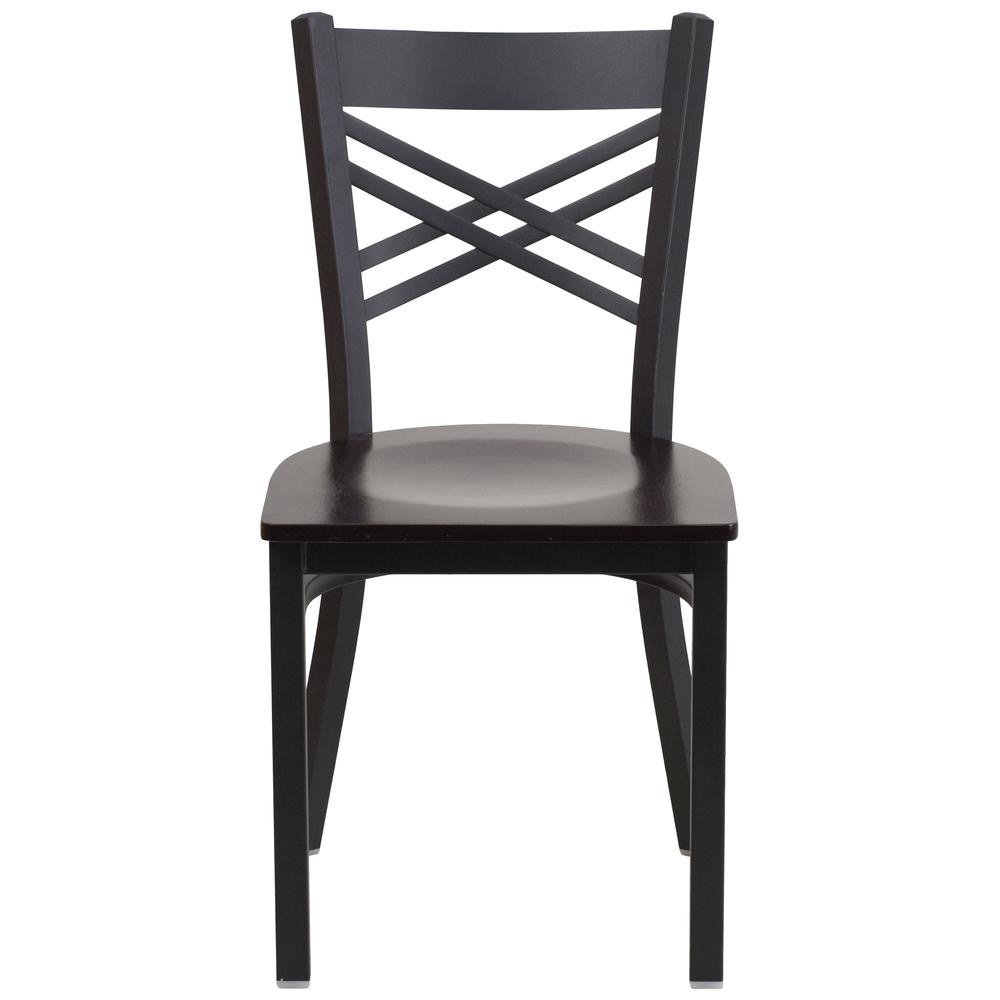 Black ''X'' Back Metal Restaurant Chair - Walnut Wood Seat