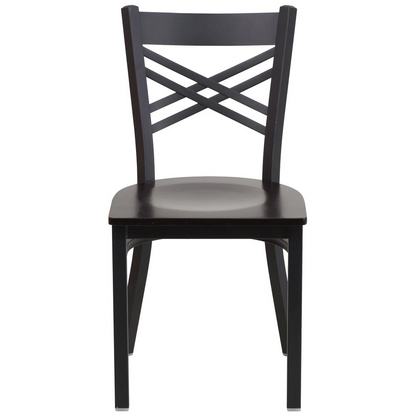 Black ''X'' Back Metal Restaurant Chair - Walnut Wood Seat