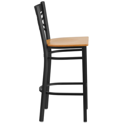 Black ''X'' Back Metal Restaurant Barstool - Natural Wood Seat
