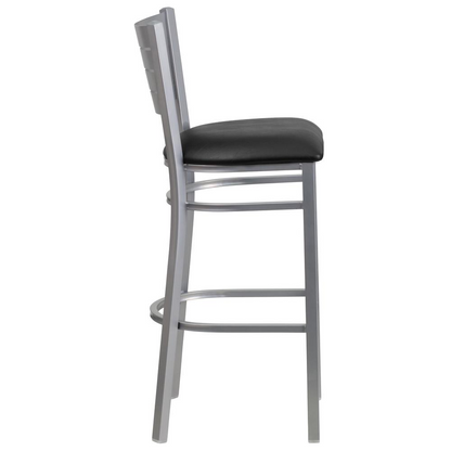 Silver Slat Back Metal Restaurant Barstool - Black Vinyl Seat