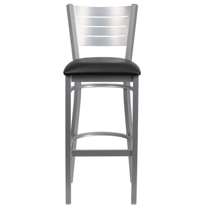 Silver Slat Back Metal Restaurant Barstool - Black Vinyl Seat