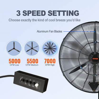 VEVOR Wall-Mount Misting Fan, 24 Inch, 3-speed High Velocity Max. 7000 CFM, Waterproof Oscillating Industrial Wall Fan, Commercial or Residential for Warehouse, Greenhouse, Workshop, Black, ETL Listed