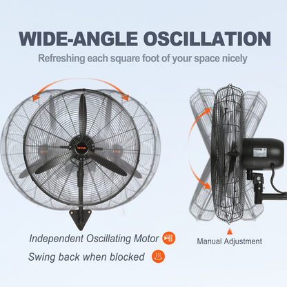 VEVOR Wall-Mount Misting Fan, 24 Inch, 3-speed High Velocity Max. 7000 CFM, Waterproof Oscillating Industrial Wall Fan, Commercial or Residential for Warehouse, Greenhouse, Workshop, Black, ETL Listed