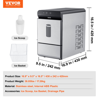 VEVOR Countertop Ice Maker, 37lbs in 24Hrs, Auto Self-Cleaning Portable Ice Maker with Ice Scoop, Basket and Drainpipe, 2 Ways Water Refill Stainless Steel Ice Machine for Home Kitchen Office Party