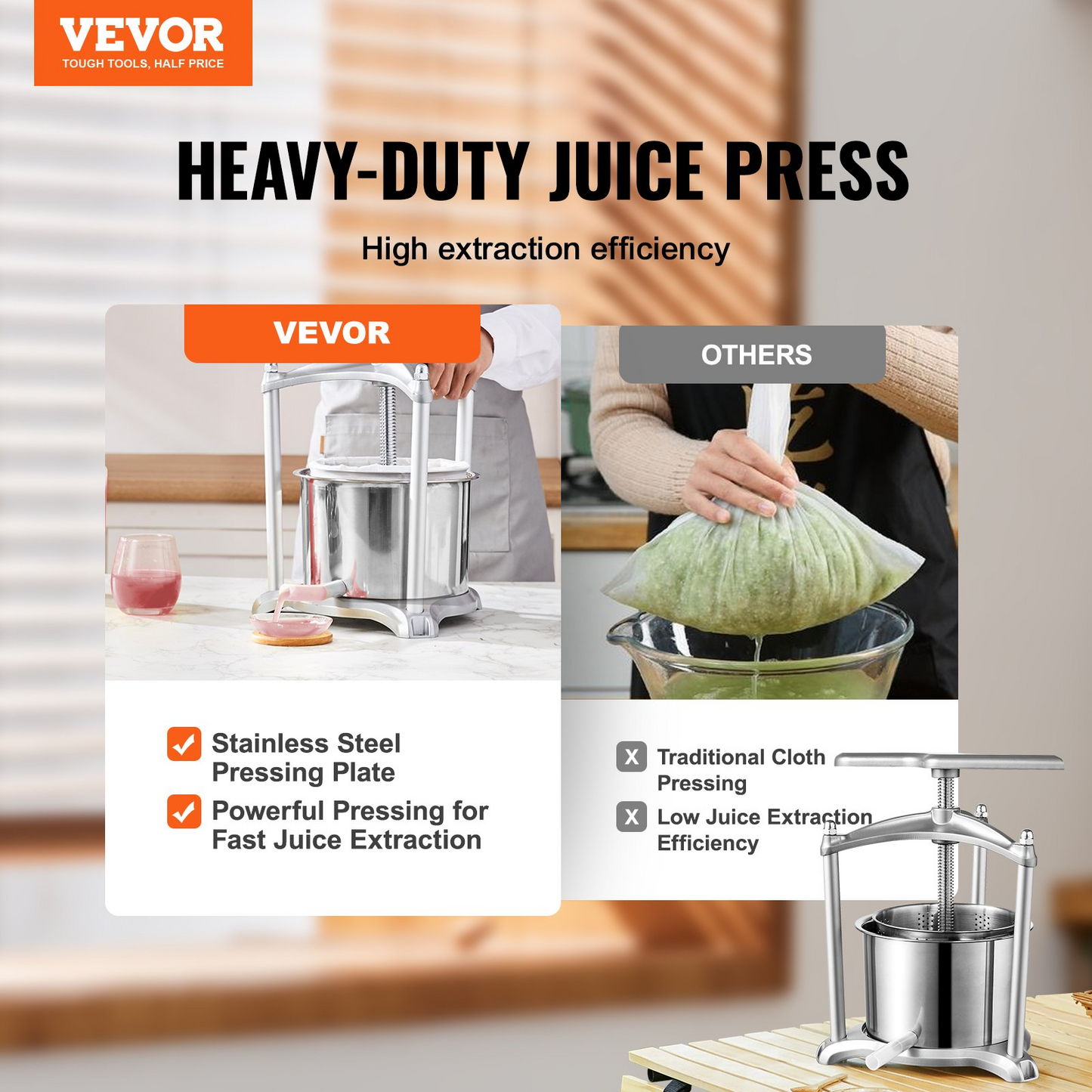 VEVOR Fruit Wine Press, 1.6 Gallon/6L, 2 Stainless Steel Barrels, Manual Juice Maker, Cider Apple Grape Tincture Vegetables Honey Olive Oil Making Press with T-Handle, Triangular Structure for Kitchen