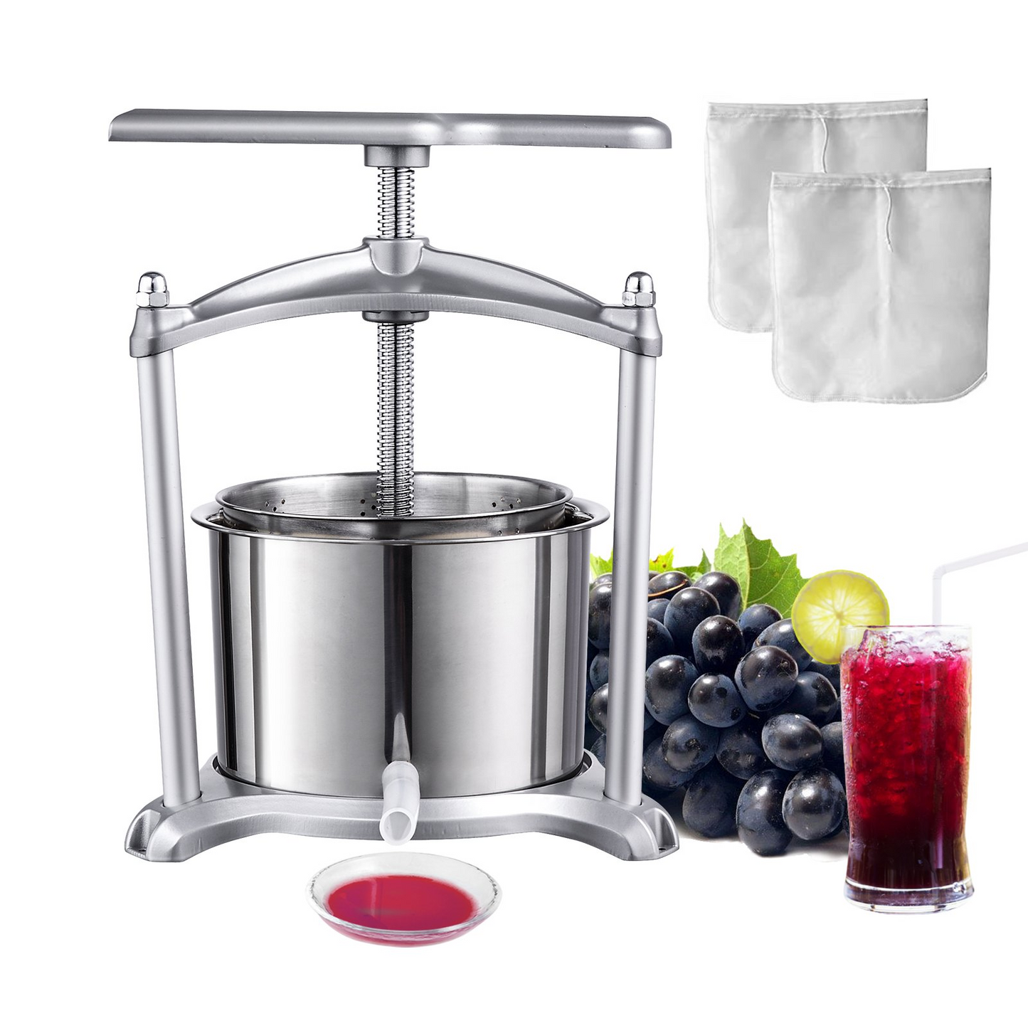 VEVOR Fruit Wine Press, 1.6 Gallon/6L, 2 Stainless Steel Barrels, Manual Juice Maker, Cider Apple Grape Tincture Vegetables Honey Olive Oil Making Press with T-Handle, Triangular Structure for Kitchen