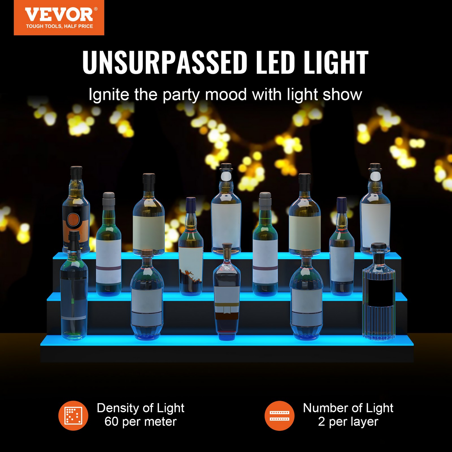 VEVOR LED Lighted Liquor Bottle Display, 3 Tiers 40 Inches, Illuminated Home Bar Shelf with RF Remote & App Control 7 Static Colors 1-4 H Timing, Acrylic Drinks Lighting Shelf for Holding 30 Bottles