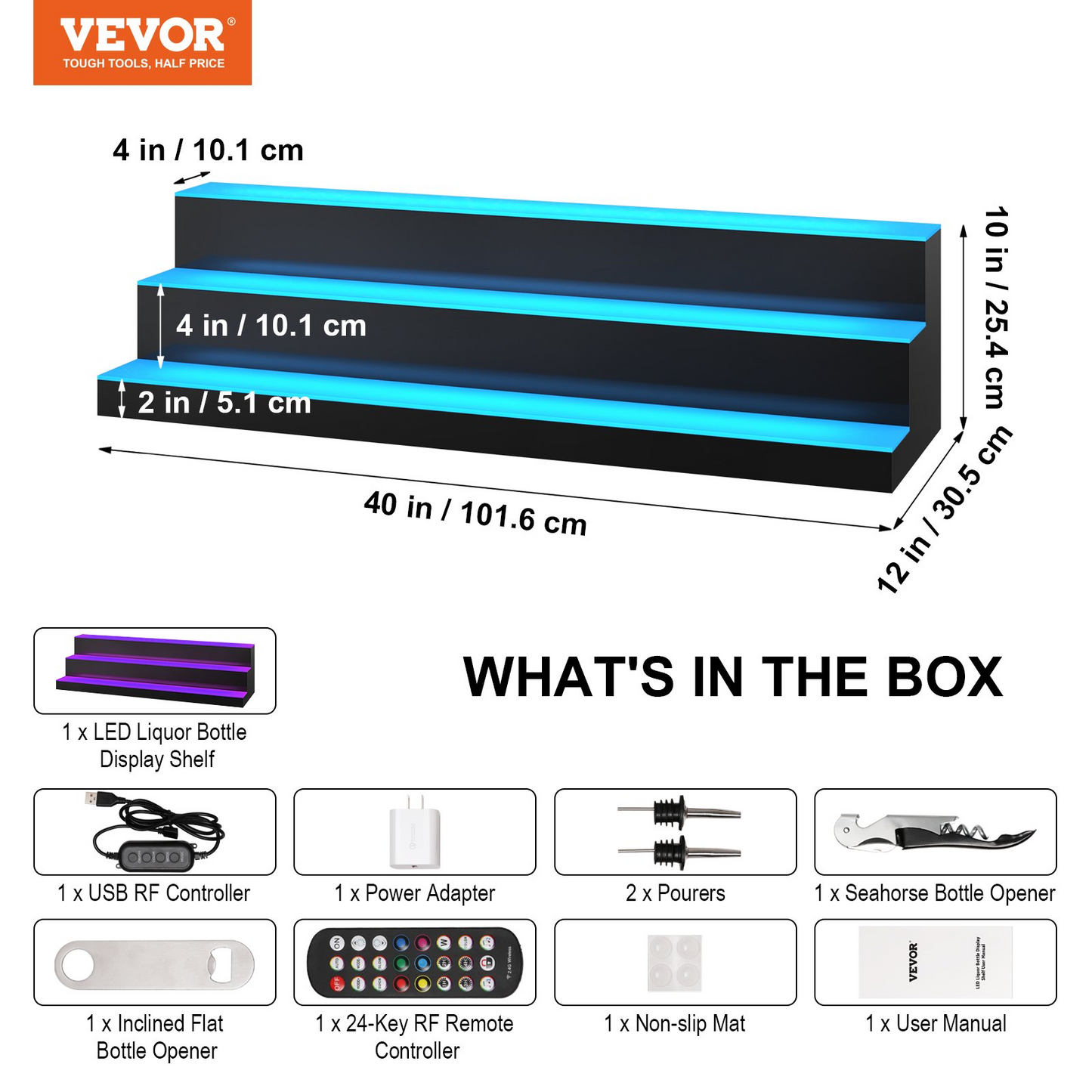 VEVOR LED Lighted Liquor Bottle Display, 3 Tiers 40 Inches, Illuminated Home Bar Shelf with RF Remote & App Control 7 Static Colors 1-4 H Timing, Acrylic Drinks Lighting Shelf for Holding 30 Bottles