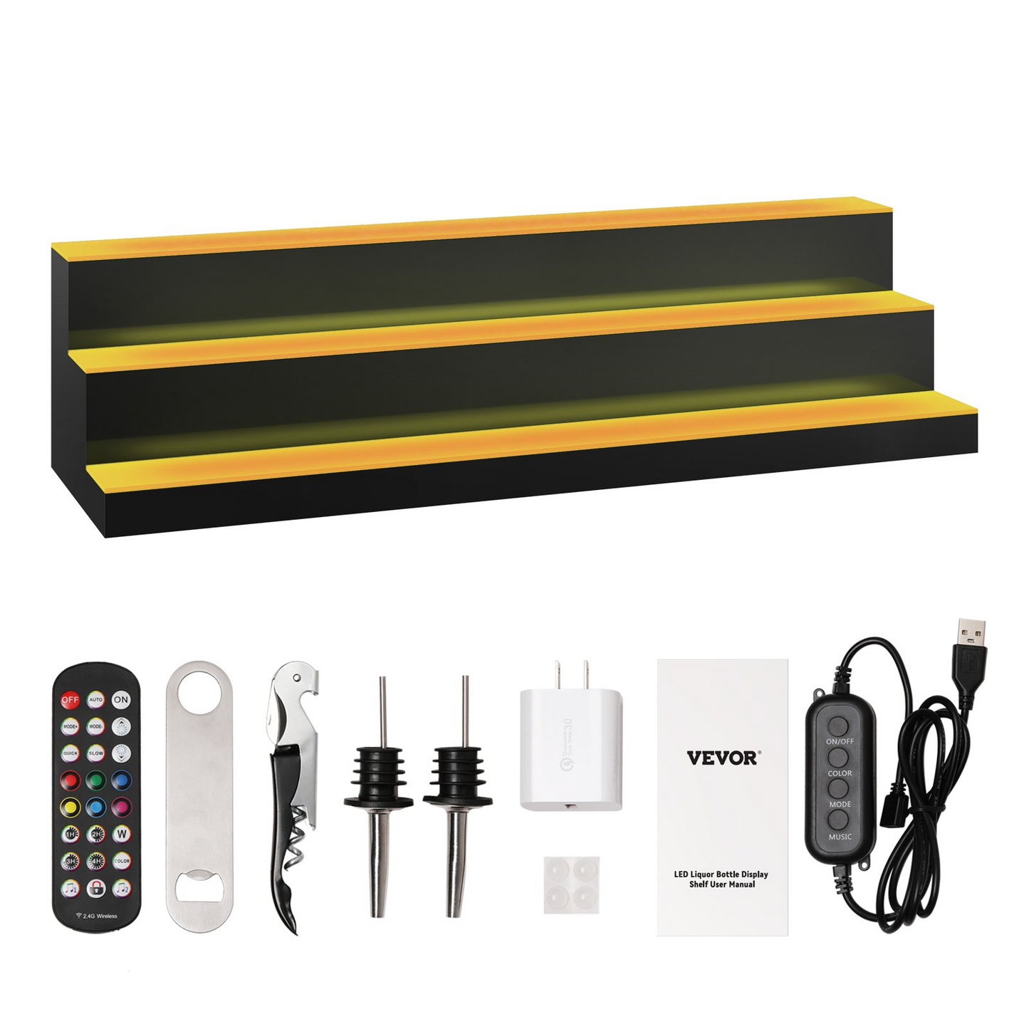 VEVOR LED Lighted Liquor Bottle Display, 3 Tiers 40 Inches, Illuminated Home Bar Shelf with RF Remote & App Control 7 Static Colors 1-4 H Timing, Acrylic Drinks Lighting Shelf for Holding 30 Bottles