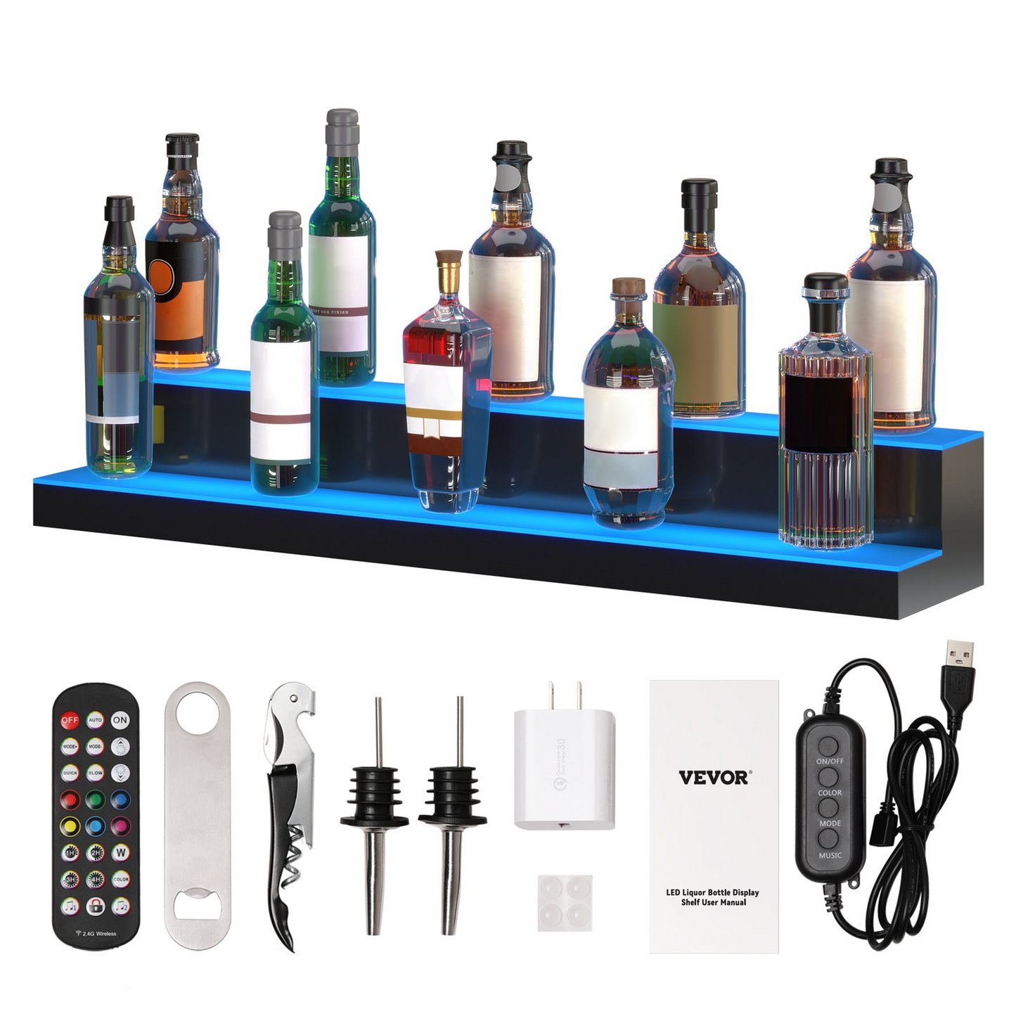 VEVOR LED Lighted Liquor Bottle Display Bar Shelf RF & App Control 40" 2-Step