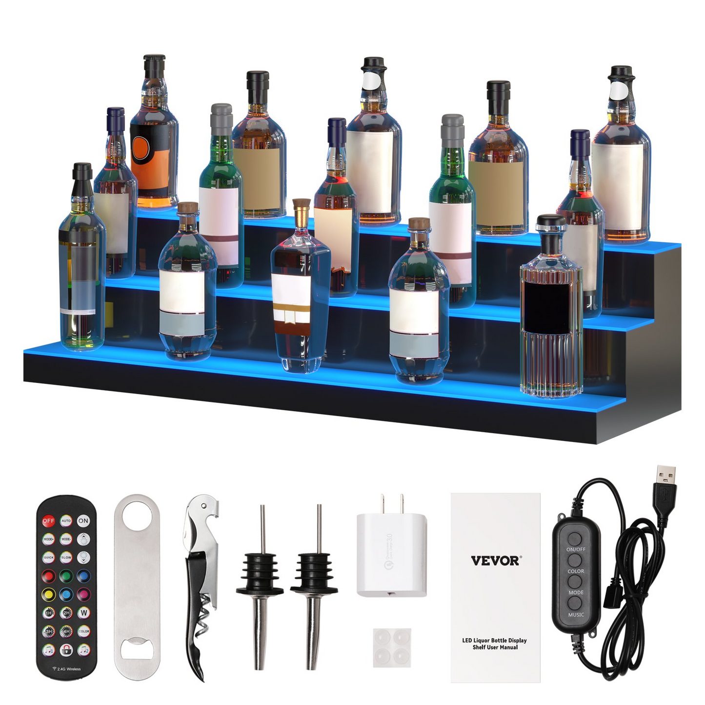 VEVOR LED Lighted Liquor Bottle Display, 3 Tiers 40 Inches, Illuminated Home Bar Shelf with RF Remote & App Control 7 Static Colors 1-4 H Timing, Acrylic Drinks Lighting Shelf for Holding 30 Bottles