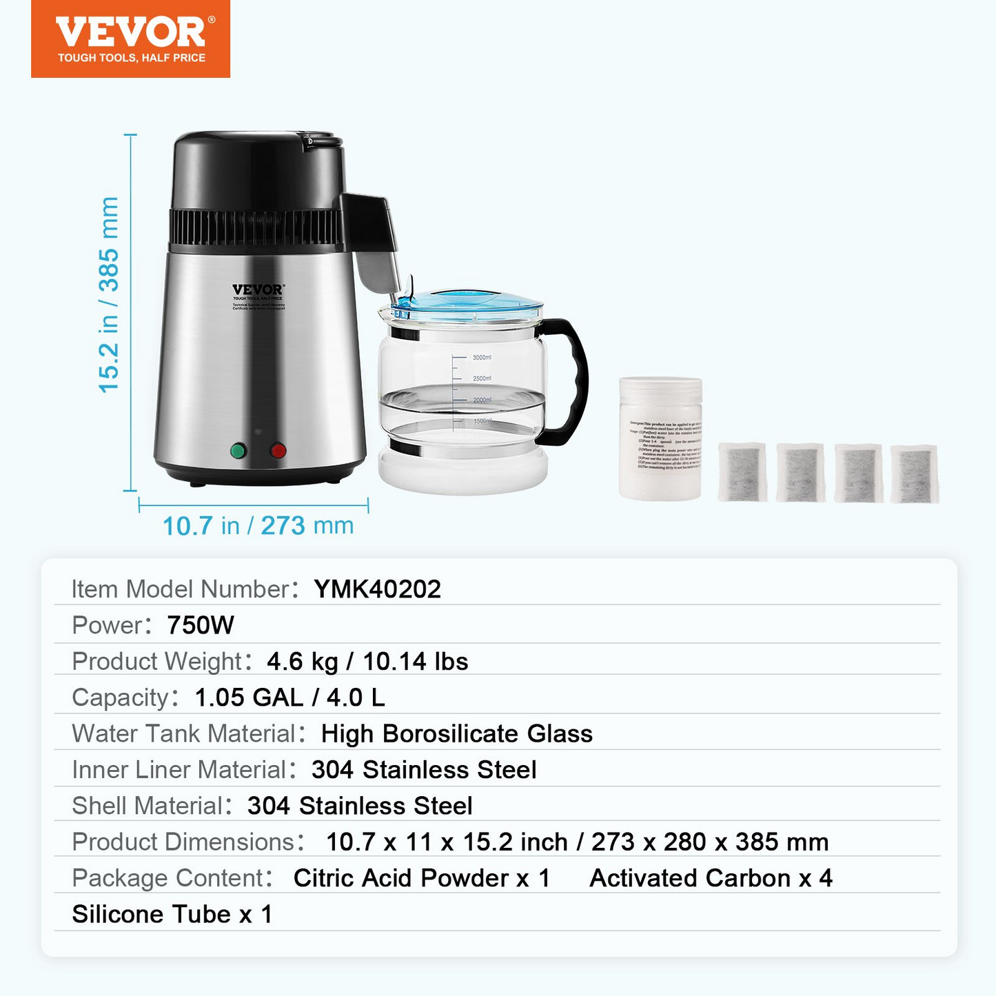 VEVOR Water Distiller, 4L 1.05 Gallon Pure Water Purifier Filter For Home Countertop, 750W Distilled Water Maker, Stainless Steel Interior Distiller Water Making Machine to Make Clean Water, Silvery