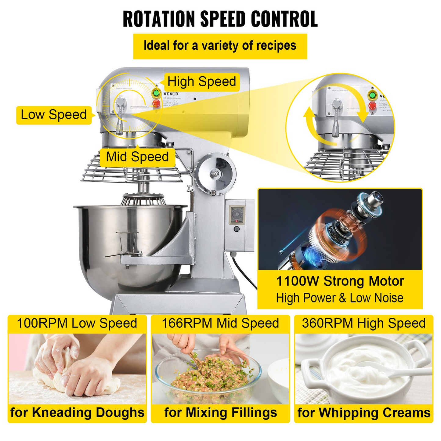 VEVOR Commercial Food Mixer 20Qt 750W 3 Speeds Adjustable 105 180 and 408 RPM Food Processor Heavy Duty with Stainless Steel Bowl Dough Hooks Whisk Beater for Schools Bakeries Restaurants Pizzeria