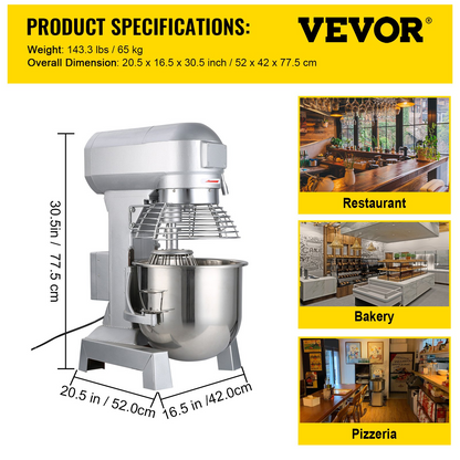 VEVOR Commercial Food Mixer 20Qt 750W 3 Speeds Adjustable 105 180 and 408 RPM Food Processor Heavy Duty with Stainless Steel Bowl Dough Hooks Whisk Beater for Schools Bakeries Restaurants Pizzeria