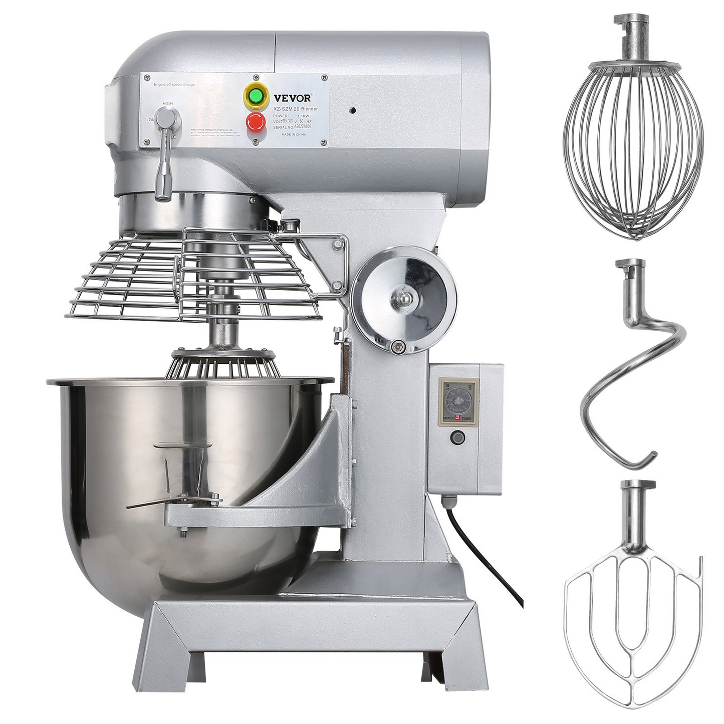 VEVOR Commercial Food Mixer 20Qt 750W 3 Speeds Adjustable 105 180 and 408 RPM Food Processor Heavy Duty with Stainless Steel Bowl Dough Hooks Whisk Beater for Schools Bakeries Restaurants Pizzeria