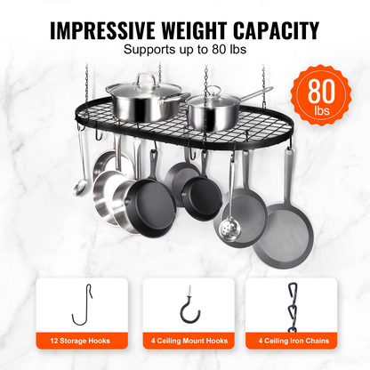 VEVOR Hanging Pot Rack, 32 inch Hanging Pot Rack Ceiling Mount, Ceiling Pot Rack with 12 S Hooks, 80 lbs Loading Weight, Ideal for Home, Restaurant, Kitchen Cookware, Utensils