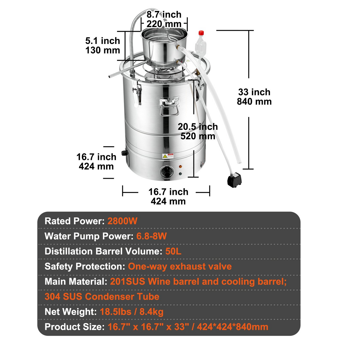 VEVOR Alcohol Still, 15 Gal 50L Water Alcohol Distiller, Home Distillery Kit include Stainless Steel Tube & Pump & One-way Exhaust Valve & Thermometer (30-120℃ ) for DIY Whisky Wine Brandy, Silver