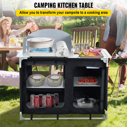 VEVOR Aluminum Portable Camping Kitchen Detachable Windscreen Storage Organizer & Carrying Bag, Outdoor Grill Station for Picnic BBQ & Backyards, Black