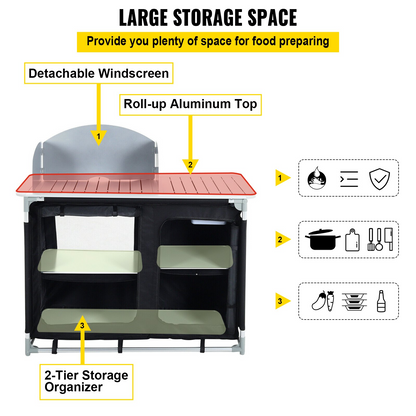 VEVOR Aluminum Portable Camping Kitchen Detachable Windscreen Storage Organizer & Carrying Bag, Outdoor Grill Station for Picnic BBQ & Backyards, Black