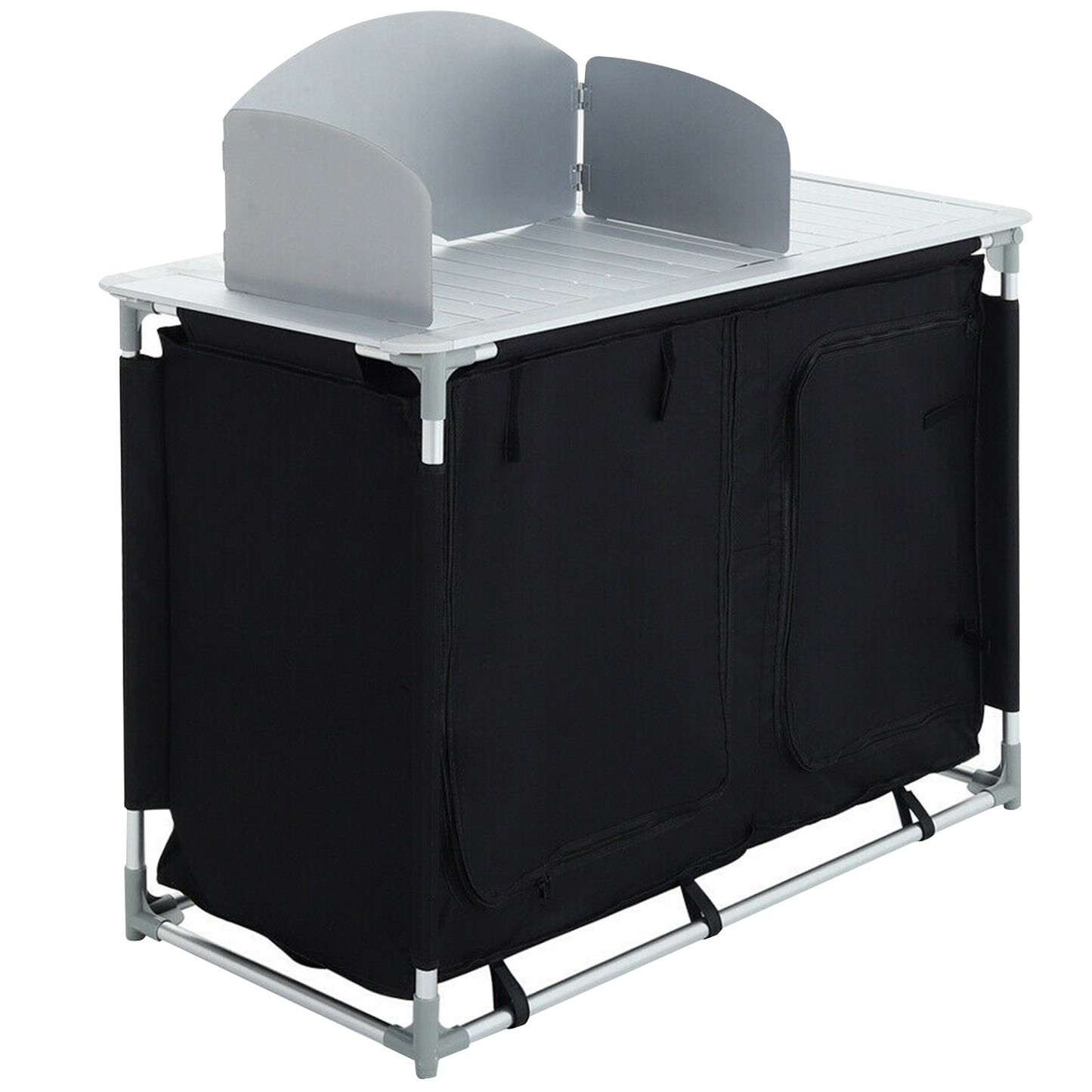 VEVOR Aluminum Portable Camping Kitchen Detachable Windscreen Storage Organizer & Carrying Bag, Outdoor Grill Station for Picnic BBQ & Backyards, Black