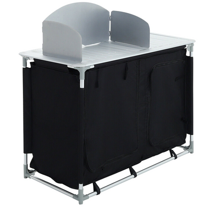 VEVOR Aluminum Portable Camping Kitchen Detachable Windscreen Storage Organizer & Carrying Bag, Outdoor Grill Station for Picnic BBQ & Backyards, Black