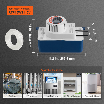 VEVOR Condensate Removal Pump, 1/50 HP, 65 GPH, 15 ft Lift, 115V Automatic AC Condensation Pump with Safety Switch & 20' Tubing for Air Conditioner, Dehumidifier, HVAC, Furnace, Ice Maker Water Drain