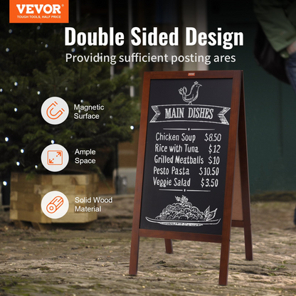 VEVOR A Frame Chalkboard Sign, Double-Sided Sidewalk Signs, Freestanding Vintage Wooden Chalk Board with Chalks & Magnetic Eraser, Rustic Brown Outdoor Sandwich Board, 20"x40", Kitchen Home Wedding