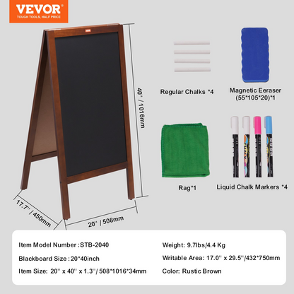 VEVOR A Frame Chalkboard Sign, Double-Sided Sidewalk Signs, Freestanding Vintage Wooden Chalk Board with Chalks & Magnetic Eraser, Rustic Brown Outdoor Sandwich Board, 20"x40", Kitchen Home Wedding