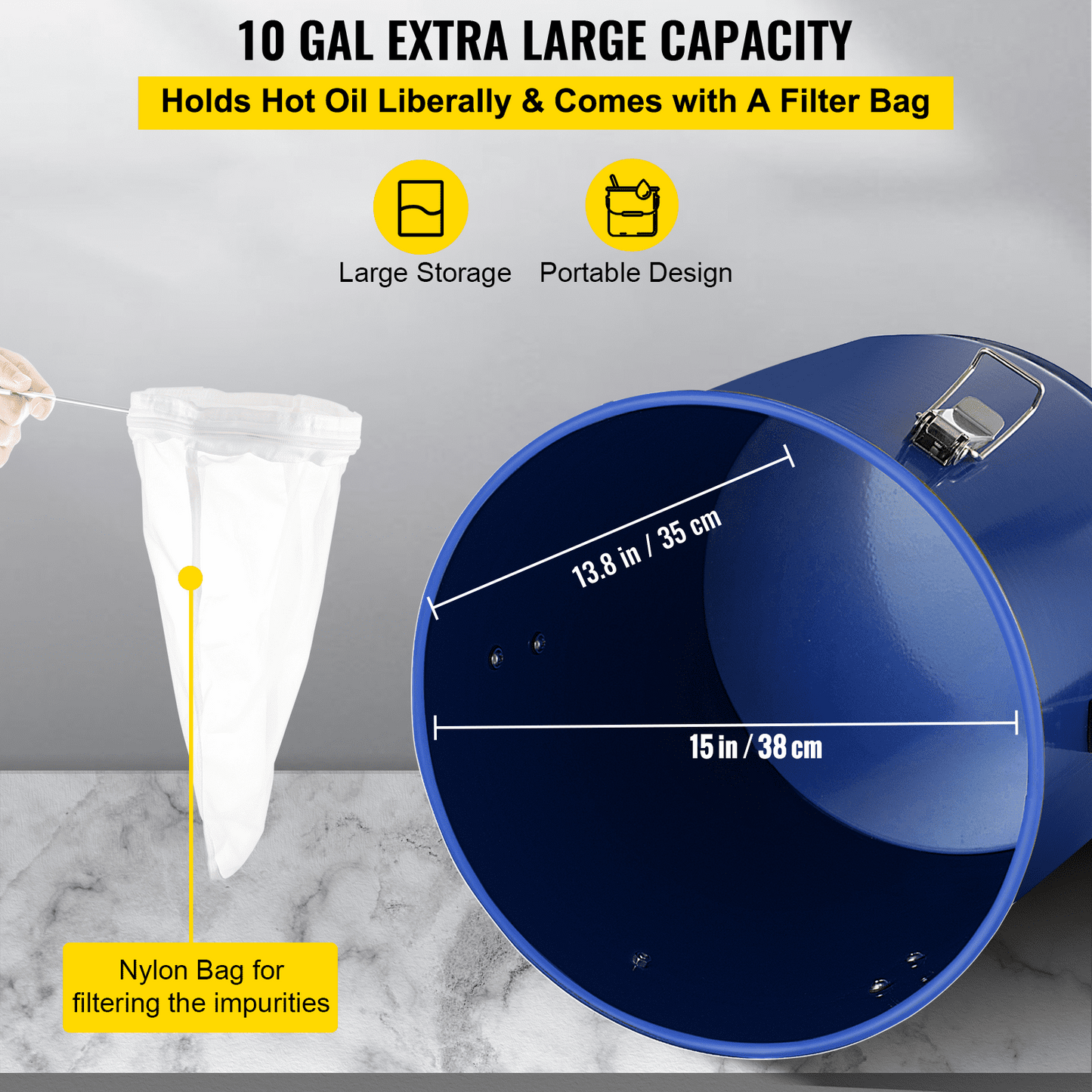 VEVOR Fryer Grease Bucket 10 Gal Oil Disposal Caddy Steel Fryer Oil Bucket w/Rust-proof Coating 37.9L Oil Transport Container w/Lid & Lock Clips Oil Caddy w/Filter Bag For Hot Cooking Oil Filtering