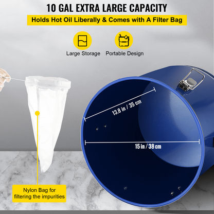 VEVOR Fryer Grease Bucket 10 Gal Oil Disposal Caddy Steel Fryer Oil Bucket w/Rust-proof Coating 37.9L Oil Transport Container w/Lid & Lock Clips Oil Caddy w/Filter Bag For Hot Cooking Oil Filtering